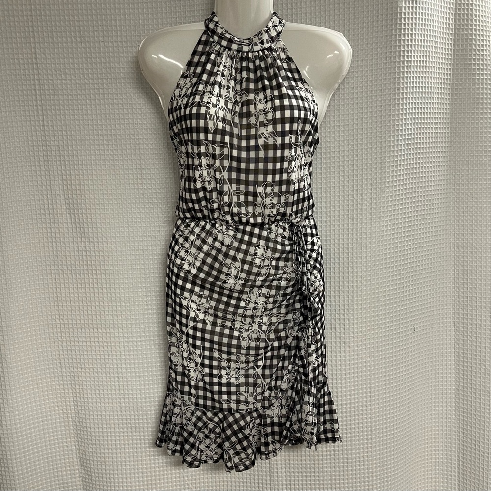 Cato ladies, checkered, floral high neck form fitting dress size small